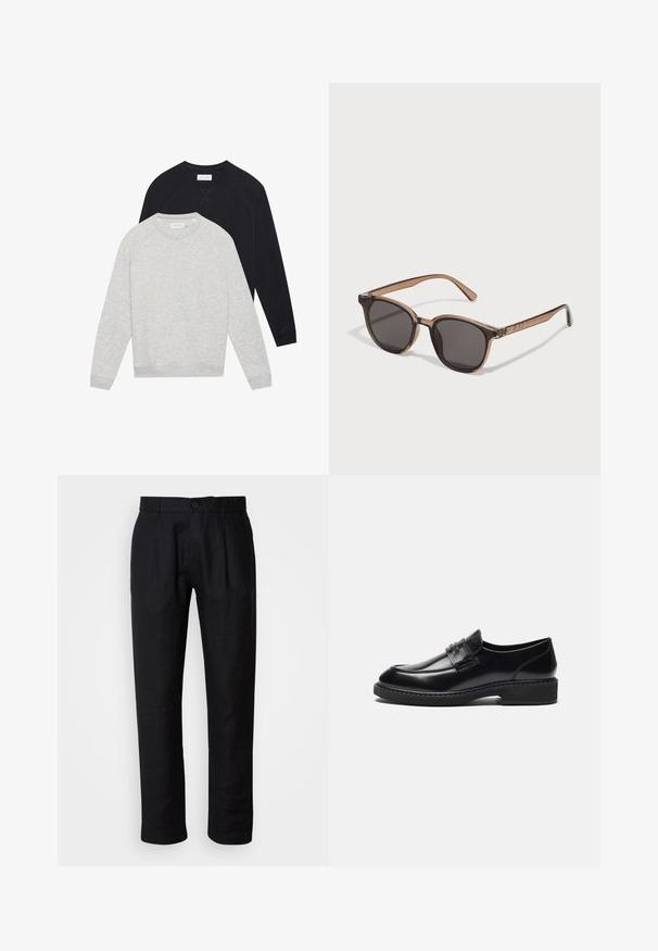 Dvoje dlhých rukávov so crewneck strihom, jeden svetlošedý položený pred čiernym, obidva s rebrovanými manžetami a lemom.; Sada piatich tričiek s krátkym rukávom v bielej, béžovej, svetlošedej, tmavošedej a čiernej farbe. Vyrobené z hladkej bavlny, s dizajnom okrúhleho výstrihu.; Čierne nohavice rovného strihu s pútkami na opasok, predným zapínaním na gombík a bočnými vreckami, vystavené na svetlom pozadí.; Zign LEATHER - Elegantné našuchovačky - black; Hnedé plastové slnečné okuliare s tmavými šošovkami, zaobleným tvarom a zužujúcimi sa ramenami. Výrazná ozdoba na spánkoch.