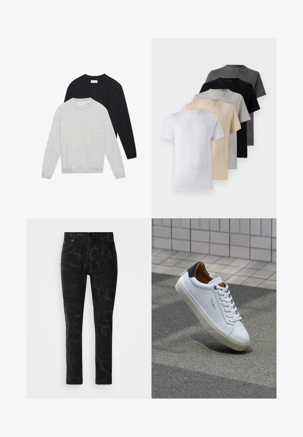 Kaksi pitkähihasta crewneck-hupparia, yksi vaaleanharmaa kerros mustan päällä, molemmissa ribbaatut hihansuut ja helma.; Viisi lyhythihaista t-paitaa valkoisena, beigeinä, vaaleanharmaana, tummanharmaana ja mustana. Valmistettu sileästä puuvillasta, jossa on pyöreä kaula-aukko.; Musta farkut, joissa on marmorikuvio, suoralahkeinen malli, viisi taskua ja nappikiinnitys vyötäröllä.; Valkoinen nahkakenkä, jossa on tummansininen kantapää, pyöreä kärki ja ristikkäiset ruskeat korostukset. Varustettu tasapaksuilla nauhoilla ja teksturoidulla kumipohjalla.