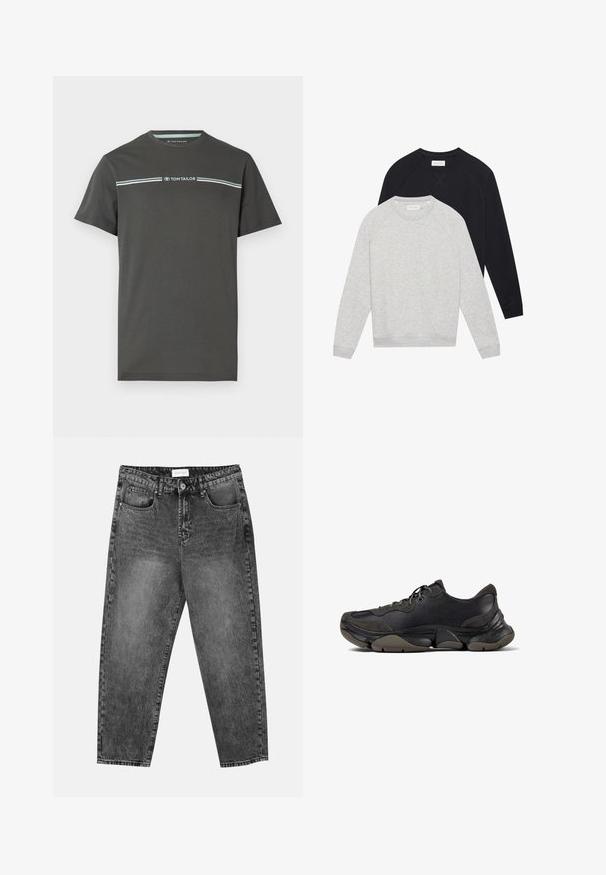 To lange langermede crewneck hettegensere, en lysegrå lagd foran en svart, begge med ribbestrikkede mansjetter og nederkant.; Grå T-skjorte med korte ermer laget av bomull, med rund hals og et horisontalt stripete design i lys blå over brystet.; Svarte, tvättade, rette jeaner med front- og baklommer, beltehemper og knappelukking i livet.; Svart atletisk sneakers med teksturert såle, overdel i lær og semsket skinn, polstret krage og snøring, vist i sideprofil.