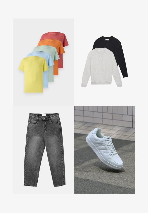 Kaks pikka varrukat kaelussweatshirtit, üks heledashall, mille peal on must, mõlemal soonikilised varrukasuud ja alläär.; Viis lühikeste varrukatega T-särki gradientina: kollane, helesinine, piparmündiroheline, oranž ja korall. Pehme kangas ja ümar kaelusdisain.; Mustad pestudega sirged teksad, millel on ees ja taga taskud, vööniidid ja nööbiga sulgemine vöö ümber.; Valge spordijalanõud silederja nahkvarrega, ninast paeltega, perforatsiooni tõttu ventilatsiooniga ning mustrilise tallaga. Minimalistlik disain, millel on kolm külgmist triipu.
