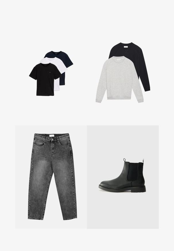 Kaks pikka varrukat kaelussweatshirtit, üks heledashall, mille peal on must, mõlemal soonikilised varrukasuud ja alläär.; Kolm lühikese varrukaga T-särki mustas, valges ja tumesinises värvitoonis. Valmistatud puuvillast, ümmarguse kaelusega ja väikese logoga rinnal.; Mustad pestudega sirged teksad, millel on ees ja taga taskud, vööniidid ja nööbiga sulgemine vöö ümber.; Mustad mustad Chelsea saapad elastsete külgpaneelidega, tõmbevalmidus, ümara ninaga ja tekstureeritud kummitald. Sile pind ja vastupidav disain.