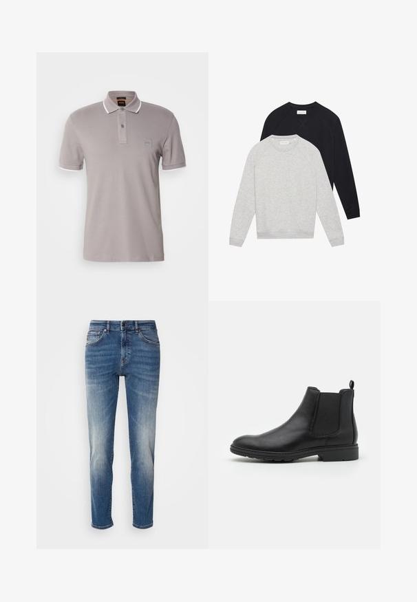 Duas sweatshirts de manga longa com gola redonda, uma cinza claro colocada à frente de uma preta, ambas com punhos e bainha canelados.; Polo cinza feito de algodão suave, com uma pala de dois botões, acabamentos em branco na gola e um pequeno patch de logo no peito.; Jeans de ganga azul com um design de perna reta, desbotamento ligeiro, estilo clássico de cinco bolsos e fecho de zip com botão.; Botim Chelsea em couro preto com painéis laterais elásticos e uma alça, apresentando um bico arredondado e sola de borracha texturizada.