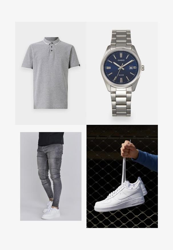 Divas garām piedurknēm, pelēkā un melnā krāsā, ar ribotiem piegriezumiem un apakšmalu. Pelēkā ir priekšā un melnā aiz tās.; Pelēka polo krekls ar apkakli, ar trīs pogām, baltām akcentiem apkaklītē un piedurknēs, un mīkstu tekstūru.; Tievās džinsās bālganā pelēkā denimā, kas izceļas ar nolietotām detaļām pie ceļgaliem, apvienotas ar baltām kedām. Gluda tekstūra, šaurs piegriezums.; Baltas ādas sporta apavi ar perforācijām, apaļu purngali, plakanu zoli un biezām šņorēm, ar redzamu swoosh logo un vārdu "AIR" uz papēža.; Sudraba nerūsējošā tērauda rokas pulkstenis ar tumši zilu ciparnīcu, metalizētiem stundu rādītājiem un datuma logu pie pulksten 3. Ūdensizturīgs līdz 50 metriem.