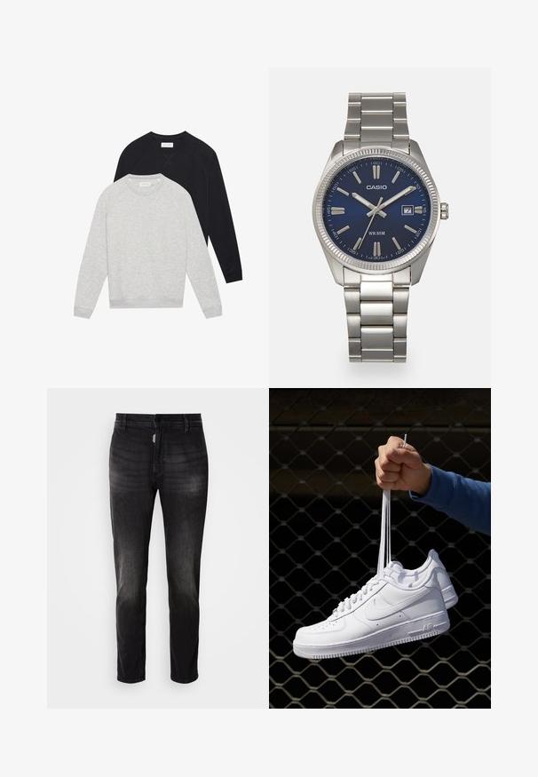 Due felpe a maniche lunghe con colletto rotondo, una grigia chiara in primo piano sopra una nera, entrambe con polsini e orlo a coste.; Jeans in denim nero con taglio dritto, dotati di chiusura a bottone, cinque tasche e una leggera sfumatura nella trama del tessuto.; Sneakers in pelle bianca con perforazioni, punta rotonda, suola piatta e lacci spessi, con logo swoosh visibile e "AIR" sul tallone.; Orologio da polso in acciaio inossidabile argento con quadrante blu navy, indici metallici e finestra della data alle 3. Resistente all'acqua fino a 50 metri.