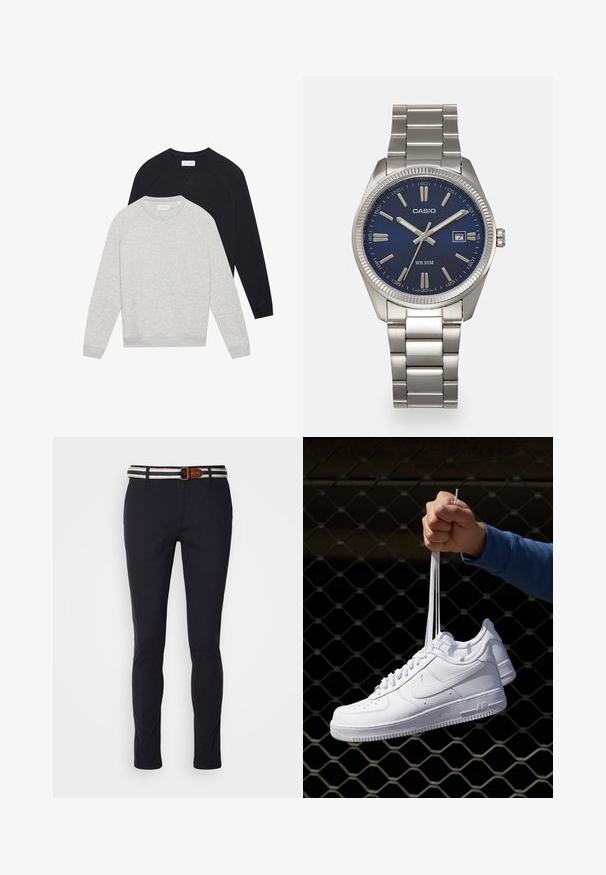 Two long-sleeve crewneck sweatshirts, one light gray layered in front of one black, both with ribbed cuffs and hem.; Navy cotton trousers with a slim fit, featuring a striped woven belt with a brown leather accent and a classic zip fly.; White leather sneakers with perforations, round toe, flat sole, and thick laces, featuring a visible swoosh logo and "AIR" on the heel.; Silver stainless steel wristwatch with a navy blue dial, metallic hour markers, and a date window at 3 o'clock. Water-resistant to 50 meters.