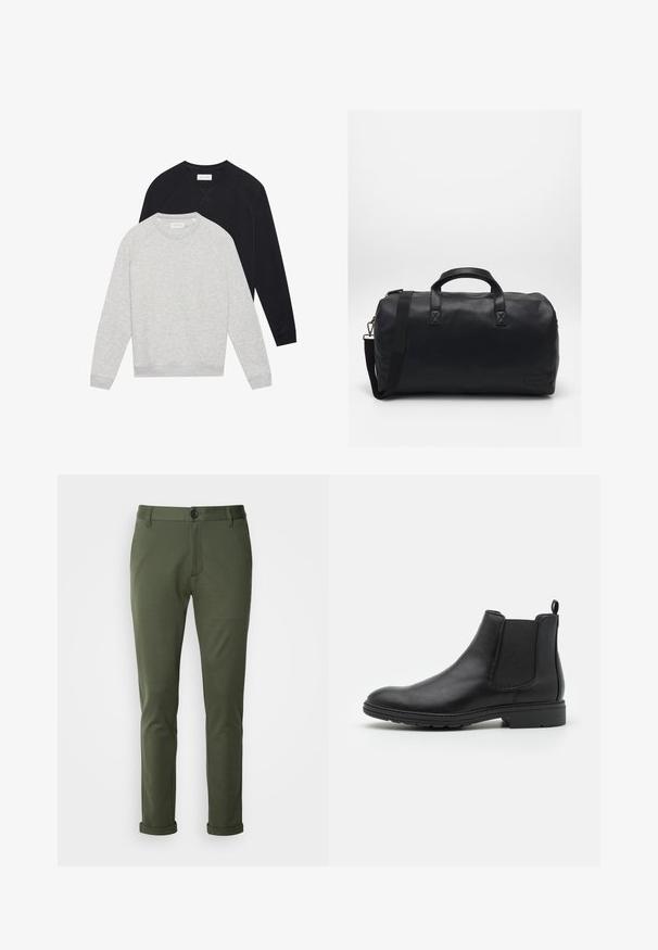 Dve dolge majice s kratkimi rokavi, ena svetlo siva položena spredaj nad eno črno, obe z rebrastimi manšeti in robom.; Olive zelene hlače slim fit, narejene iz mehkega blaga, s gumbnim zapiranjem, klasičnimi žepi in zvitimi robovi pri gležnjih.; Črne usnjene čevlje Chelsea z elastičnimi stranskimi paneli in zanko, z zaobljenim nosom in teksturiranim gumijastim podplatom.; Črna torba za šport z teksturiranim sintetičnim materialom. Ima dve ročaji in nastavljiv ramenski trak. Preprost dizajn brez vidnih vzorcev.