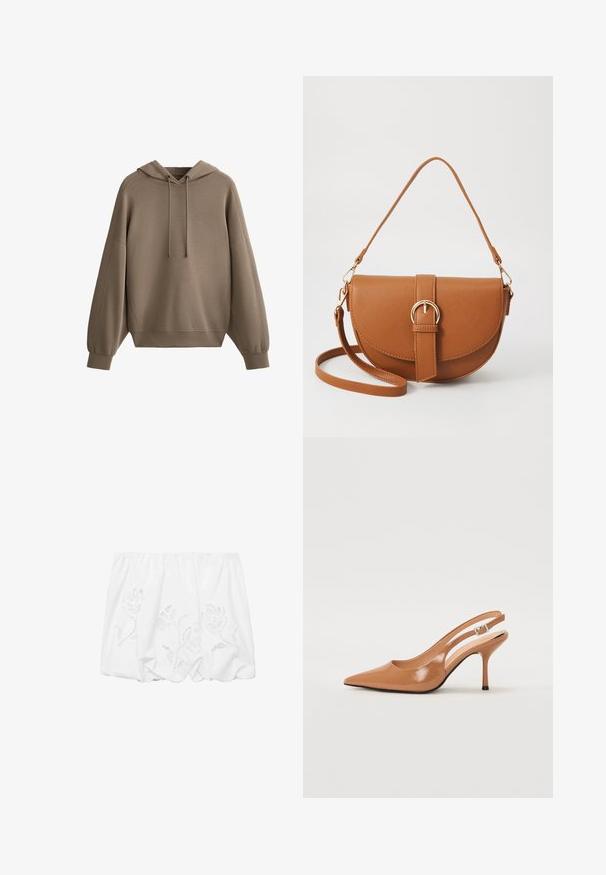 Ruskea huppari pehmeästä kankaasta, jossa on nauhoitushuppu, pudotetuilla harteilla, ribbausdetaljilla hihoissa ja rento malli.; Valkoinen olkapäiltä avoin paita, joka on valmistettu kevyestä kankaasta ja jossa on kukkakirjontaa sekä rypytetty muotoilu elastisen kaula-aukon ympärillä.; Korkokenkä, jossa on terävä kärki ja avonainen kanna, valmistettu sileästä, kiiltävästä ruskeasta materiaalista. Sisältää kaarevan leikkuun muotoilun ja hoikan stilettokannan. Hopeinen solkiyksityiskohta.; Ruskean nahkainen olkalaukku, jossa on kaareva muoto, kultaiset yksityiskohdat ja solkiyksityiskohta. Varustettu irrotettavalla olkahihnalla.