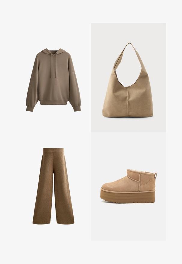 Hanorac maro dintr-un material moale, cu glugă reglabilă, umeri lăsați, detalii ribbate pe mâneci și o croială lejeră.; Pantaloni tricotati cu picioare largi, de culoare maro, cu un tiv ribborat, material texturat și cusături laterale care se extind până la tiv, oferind o potrivire relaxată.; Botine din suede bej, cu interior moale, având o talpă pe platformă și un tab de tragere în spate pentru o purtare ușoară. Talpă exterioară din cauciuc texturat.; Geantă hobo din suede bej moale, cu o formă lejeră, curea lată de umăr și detalii de cusătură manuală pe partea din față.