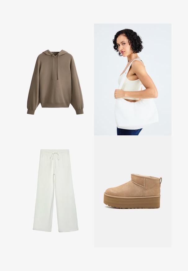 Felpa marrone realizzata in tessuto morbido, con cappuccio regolabile, spalle scese, dettagli a costine sulle maniche e vestibilità rilassata.; Pantaloni bianchi a gamba larga realizzati in un tessuto morbido. Presentano un elastico in vita con cordino e una consistenza liscia. Senza motivi visibili o accessori.; Stivaletti alla caviglia in suede beige con un interno morbido, dotati di suola platform e di una linguetta sul retro per una facile indossabilità. Suola in gomma texturizzata.; Borsa a spalla bianca realizzata in materiale morbido, con un ritaglio ovale e un design a tracolla ampia. Semplice e moderna, senza hardware visibili.