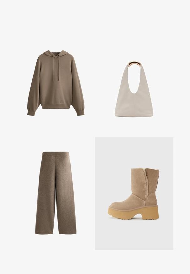 Hnědá mikina vyrobená z měkké látky, s nastavitelnou kapucí, se spadlými rameny, s žebrovanými detaily na rukávech a v uvolněném střihu.; Široké kalhoty z měkké hnědé látky s vysokým elastickým pasem, s hladkým povrchem a žádným viditelným kováním nebo vzory.; Béžové semišové boty do poloviny lýtek s masivní žlutou platformou, vybavené měkkou texturovanou podšívkou a kulatým špičatým designem. Hladký vnější povrch.; Světlá šedá kožená taška s U-tvarovaným designem a zakřivenou kovovou rukojetí. Hladký povrch s minimálním šitím a bez viditelných vzorů.