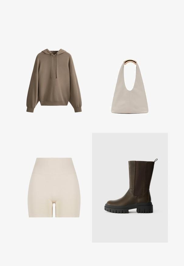 Brown hoodie made of soft fabric, featuring a drawstring hood, dropped shoulders, ribbed detailing on sleeves, and a relaxed fit.; Beige shorts with a smooth texture, high ribbed waistband, and an elastic fit, featuring a mid-thigh length and no visible patterns.; Brown leather ankle boot with elastic side panels, chunky black rubber sole, and a loop for easy wear. Smooth texture and modern design.; Light gray leather bag with a U-shaped design and a curved metallic handle. Smooth texture with minimal stitching and no visible patterns.