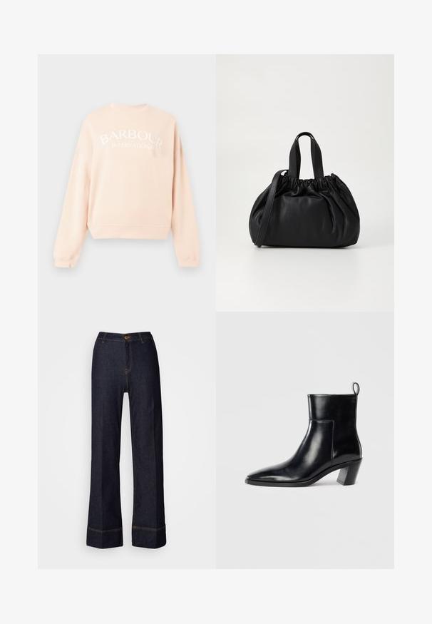Sweatshirt rosa claro com decote redondo e ombros caídos. Apresenta o texto branco "BARBOUR INTERNATIONAL" na parte da frente. Tecido macio.; Calças de ganga escuras de perna larga com uma cintura alta, apresentando um fecho de botão na frente e detalhes em ponto laranja. Textura suave por todo o tecido.; Botim de cano baixo em couro preto com bico pontiagudo, um salto geométrico empilhado e uma alça na parte de trás. Textura suave e design elegante.; Bolsa de couro preta com um design de topo franzido, apresentando duas alças curtas e uma alça longa ajustável. Textura suave, formato arredondado.