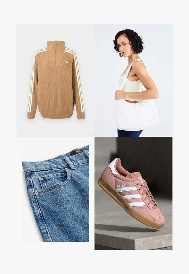 Barna bordás pulóver magas gallérral és félcipzárral, három fehér csíkkal az ujjak mentén és egy kis logóval a mellkason.; Középkék farmernadrág, kopottas szerkezettel. Jellemzők: öt zseb, réz szegecsek és varrott részletek az oldalvarrások mentén.; Rózsaszín velúr sportcipő fehér csíkokkal, gumitalppal, textúrált felsőrésszel és logóval a nyelvén. Klasszikus alacsony fazon.; Fehér válltáska sima anyagból, ovális kivágással és széles pánttal. Egyszerű és modern, látható hardver nélkül.