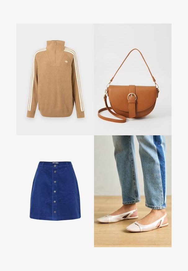 Brown ribbed sweater with a high collar and a half-zip, featuring three white stripes along the sleeves and a small logo on the chest.; Blue corduroy skirt featuring vertical ridges, a straight shape, and a front button closure with metallic accents.; Pale pink slingback flats with a pointed toe, made from a smooth leather-like material. Features cut-out details at the sides and a flat heel.; Brown leather crossbody bag with a curved shape, gold hardware, and a buckle accent. Features a detachable shoulder strap.