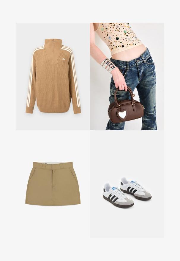 Brunstripete genser med høy krage og halv glidelås, med tre hvite striper langs ermene og en liten logo på brystet.; Kaki skjørt med innsvingt liv, belteholdere, to sidelommer og glidelås foran. Laget av glatt, strukturert stoff med en ren finish.; Sportssko med en hvit skinnoverdel, grå semsket tå og tre svarte striper. Har en blå logo på tungen og en teksturert gummisåle.; Brun lærveske med hjerteformet akcent, avrundet design, gullfarget beslag, holdt av en hånd; kombinert med slitt denim og en perledekket topp.