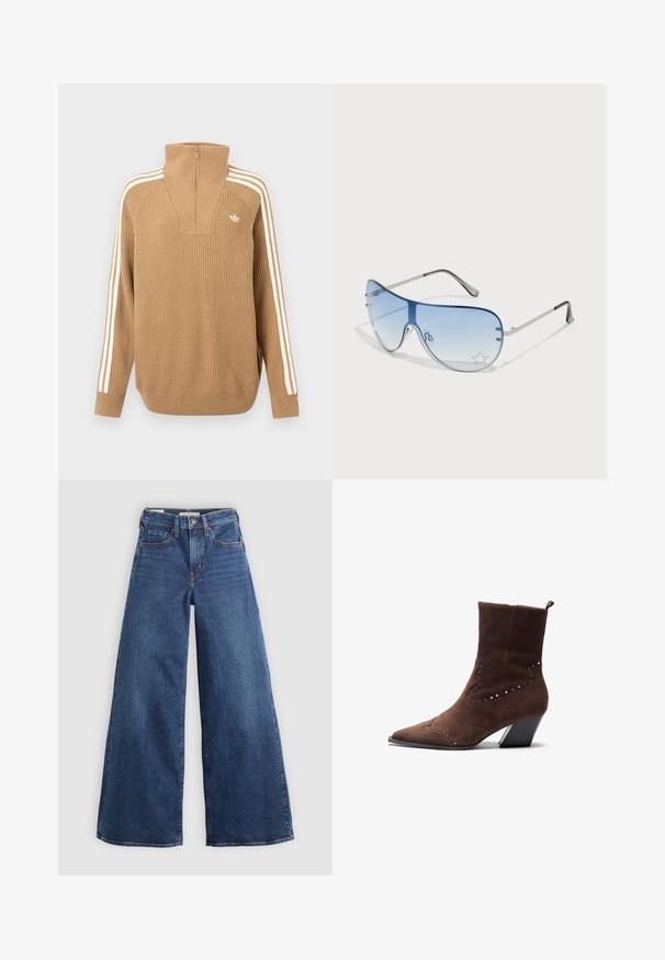 Pruun ribadega sviiter kõrge kraega ja poole tõmblukuga, millel on kolm valget triipu varrukatel ja väike logo rinnal.; Laiad sinise denimi püksid viie taskuga, nupuga sulgemine ja kontrastõmblusega, omavad pehmet ja tekstuurset viimistlust.; Pruun nubukist pahkluu saapad terava nina ja kaunistatud hõbedaste nukkidega dekoratiivses mustris, millel on stabiilsuse tagamiseks virnastatud konts.; Aviatori prillid, millel on gradient sinine objektiiv, hõbedane metallraam ja dekoratiivsed staaraktsendid objektiivil. Sujuv ja stiilne disain.