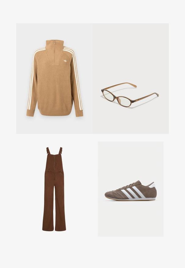 Hnedý rebrovaný sveter s vysokým golierom a polovičným zipsom, s tromi bielymi pruhmi pozdĺž rukávov a malým logom na hrudi.; Hnedé kordové široké nohavice s predným zipsom a nastaviteľnými ramennými popruhmi, ktoré majú pútka na opasok a dve predné vrecká.; Hnedé semišové športové topánky s bielymi pruhmi, okrúhly špičkový dizajn, šnurovacie zapínanie a gumená podrážka. Texturovaný zvršok s detailmi šitia.; Hnedé želvovinové okuliare s oválnymi sklíčkami, tenkými ramenami a priesvitnými akcentmi. Obsahujú jemný logo na stranici. Štýlový, ľahký dizajn.