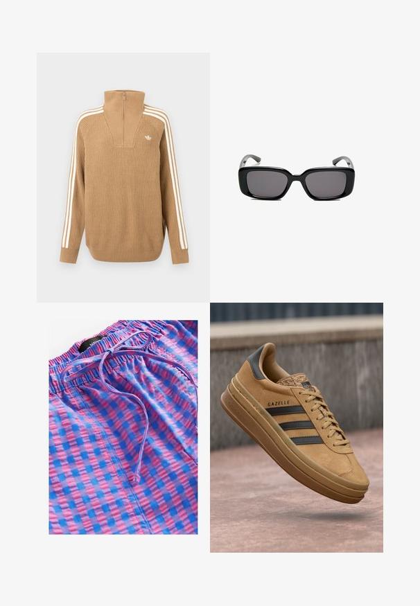 Hnedý rebrovaný sveter s vysokým golierom a polovičným zipsom, s tromi bielymi pruhmi pozdĺž rukávov a malým logom na hrudi.; Next PULL ON GINGHAM - Nohavice - blue pink; Svetlé semišové tenisky s hladkým povrchom, obsahujúce tri tmavé pruhy, zaoblenú špičku a hrubšiu podrážku so vzorovaným okrajom.; Čierne obdĺžnikové slnečné okuliare s tmavými sklami, hladkým plastovým rámom a zakrivenými stranami. Dizajn je robustný s minimalistickou estetikou.