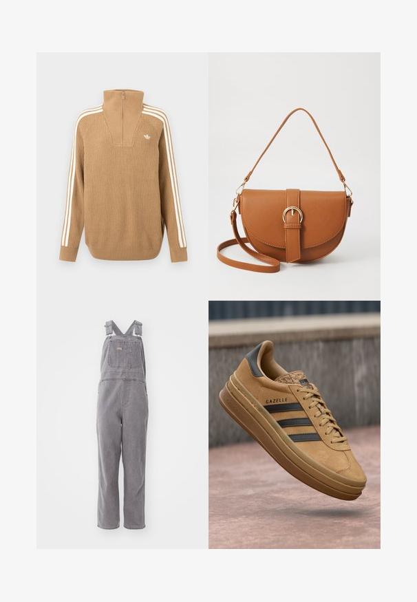 Suéter marrón con canalé, con un cuello alto y medio cierre, que presenta tres rayas blancas a lo largo de las mangas y un pequeño logo en el pecho.; Overoles de mezclilla gris con tirantes ajustables, un bolsillo frontal y un ajuste relajado. Cuenta con piernas de corte recto y un color sólido en toda la prenda.; Zapatillas de ante color tostado con una textura suave, que cuentan con tres rayas oscuras, una puntera redondeada y una suela más gruesa con un borde estampado.; Bolso bandolera de cuero marrón con forma curvada, herrajes dorados y un acento de hebilla. Incluye una correa de hombro desmontable.