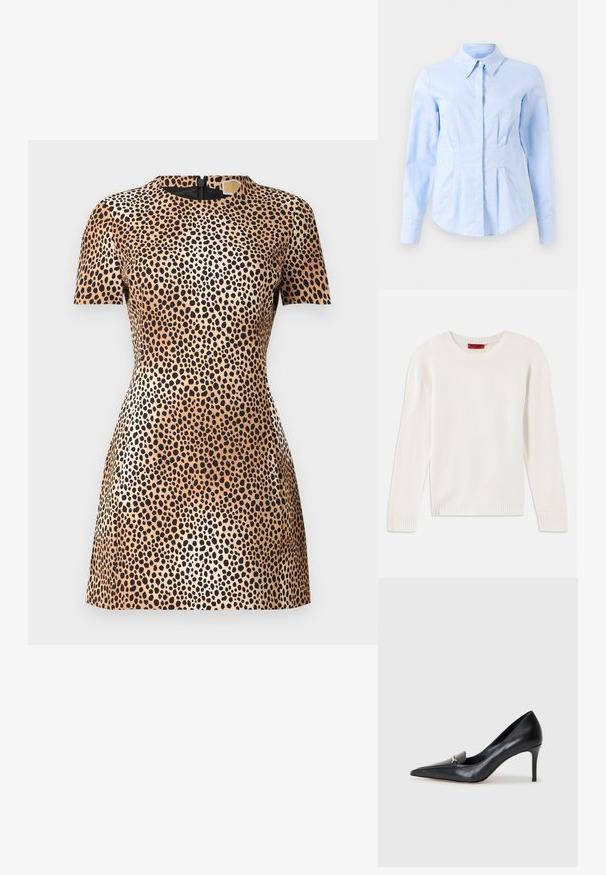 Kremfarget langermet strikkegenser med rund hals og ribbestrikkede mansjetter og fald, liggende flatt på en hvit bakgrunn.; Leopardmønstret kjole i beige og sort, korte ærmer, tætsiddende silhuet, struktureret stof, med lynlåsdetalje i ryggen.; Lyseblå langermet skjorte med tilpasset snitt, spiss krage og skjulte frontknapper, tilpasset midje, og knapper ved mansjettene.; Svart lærpumps med spiss tå, lav vamp og dekorativ gullaccent. Har stiletthæl og glatt tekstur.