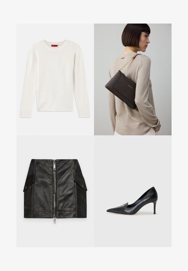 Cream-colored long-sleeve knit sweater with crew neck and ribbed cuffs and hem, laid flat on a white background.; Light blue long-sleeve fitted shirt with pointed collar and concealed front buttons, tailored waist, and buttoned cuffs.; Black leather mini skirt with a front zipper, two side pockets, and a smooth texture. Features reinforced seams and a structured design.; Black leather pump with a pointed toe, low-cut vamp, and a decorative gold accent. Features a stiletto heel and smooth texture.; Brown patterned clutch bag with gold hardware and a chain strap, worn on the shoulder over a beige sweater, featuring textured fabric.