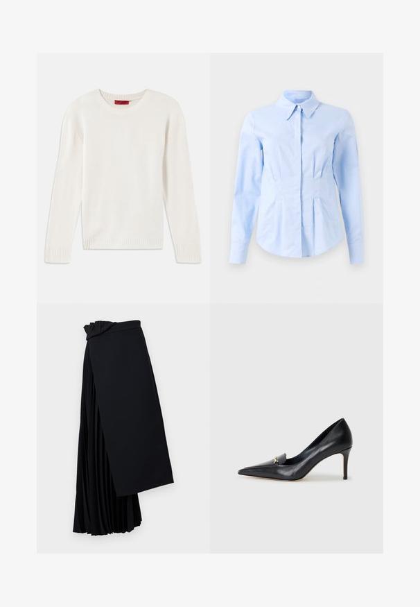 Cream-colored long-sleeve knit sweater with crew neck and ribbed cuffs and hem, laid flat on a white background.; Light blue long-sleeve fitted shirt with pointed collar and concealed front buttons, tailored waist, and buttoned cuffs.; Black pleated skirt made of lightweight fabric. Features a draped waistband design and a flowing silhouette with layered pleats.; Black leather pump with a pointed toe, low-cut vamp, and a decorative gold accent. Features a stiletto heel and smooth texture.