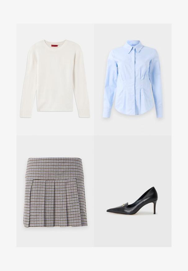 Cremfarbener langärmliger Strickpullover mit Rundhalsausschnitt und gerippten Bündchen und Saum, flach auf einem weißen Hintergrund ausgelegt.; Hellblaues, langärmliges, tailliertes Hemd mit spitzem Kragen und verdeckten Knöpfen an der Vorderseite, taillierter Schnitt und mit Knöpfen an den Manschetten.; Faltenrock in einem braun-beige-blauen Karomuster. Hergestellt aus einem strukturierten Stoff mit einer engen Taille und dekorativen Falten.; Schwarzer Lederpumps mit spitzer Zehe, niedrigem Vamp und dekorativem goldenen Akzent. Verfügt über einen Stiletto-Absatz und eine glatte Textur.