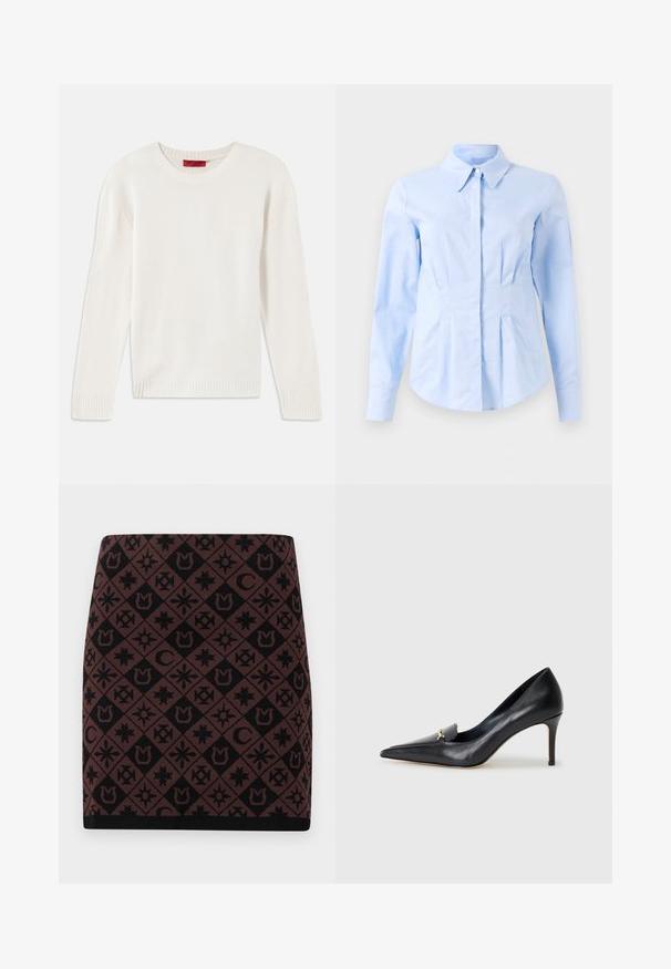 Maglione a maniche lunghe color crema in maglia con collo rotondo e polsini e orlo a costine, steso su uno sfondo bianco.; Camicia fitted a maniche lunghe di colore azzurro chiaro con colletto a punta e bottoni frontali nascosti, vita sagomata e polsini con bottoni.; Gonna lavorata a maglia con un motivo geometrico nero e marrone e vari simboli, dalla forma aderente, con una vita nera all'orlo.; Décolleté in pelle nera con punta affusolata, scollatura bassa e un accento decorativo dorato. Presenta un tacco a stiletto e una superficie liscia.