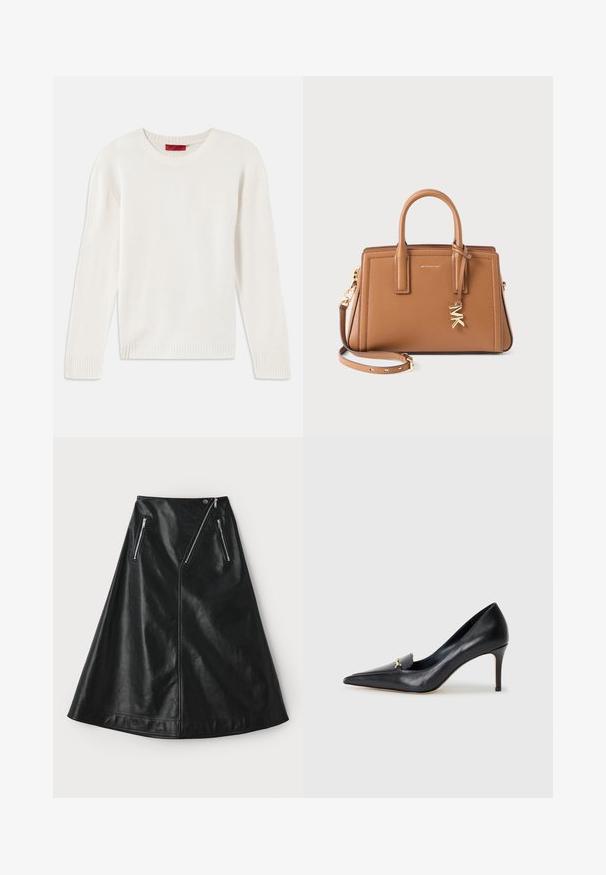 Kremna dolgoročna pletena jopica z okroglo ovratnikom ter rebrastimi manšetami in robom, razporejena na beli podlagi.; Svetlo modra dolgosleeve prilegajoča srajca s koničastim ovratnikom in skritimi sprednjimi gumbi, prilagojena v pasu in z gumbi na manšeti.; Črna usnjena A-line krila z rahlo svetlečo teksturo, ki ima dve asimetrični žepni zadrgi in zapiranje na gumb na pasu.; Črne usnjene pumpe s špicastim nosom, nizkim vampom in dekorativnim zlatim akcentom. Imajo stiletto peto in gladko teksturo.; Rjava usnjena torbica z dvojno ročajem, odstranljivim trakom, zlatim "MK" šarmom in logotipom Michael Kors na sprednji strani.