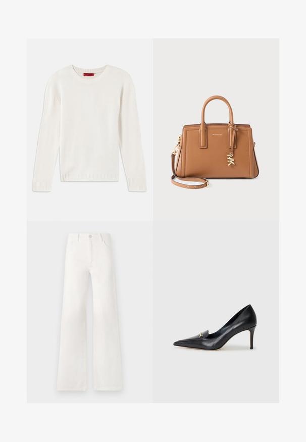 Kremowy sweter z długim rękawem z dzianiny, z okrągłym dekoltem oraz prążkowanymi mankietami i dołem, ułożony na płasko na białym tle.; Jasnoniebieska, dopasowana, długorękawowa koszula z wyciętym kołnierzykiem i ukrytymi guzikami z przodu, taliowana w pasie, z zapięciem na guziki przy mankietach.; Białe dżinsy z wysokim stanem i szerokimi nogawkami. Wykonane z denimu. Posiadają zapięcie na guzik, dwie kieszenie z przodu oraz boczne szwy ze szczegółami w postaci przeszyć.; Czarny skórzany czórek na wysokim obcasie z ostrym noskiem, niskim przodem i dekoracyjnym złotym akcentem. Posiada szpilkowy obcas oraz gładką fakturę.; Brązowa skórzana torebka z podwójnymi uchwytami, odczepianym paskiem, złotym charms'em "MK" i logo Michaela Korsa z przodu.