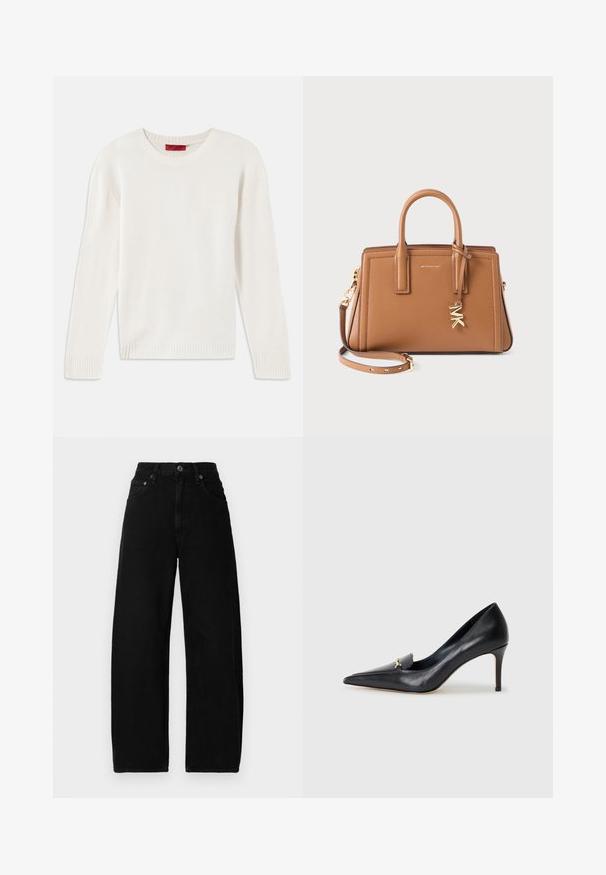 Suéter de malha de manga longa na cor creme, com gola redonda e punhos e barra canelados, disposto em plano sobre um fundo branco.; Camisa ajustada de manga longa azul clara com colarinho pontiagudo e botões frontais ocultos, cintura ajustada e punhos com botões.; Jeans largos de ganga preta com uma cintura alta, apresentando um fecho frontal com botão, bolsos e uma textura suave e mate.; Sapatilha de couro preto com bico fino, vamp baixo e um detalhe decorativo em ouro. Apresenta um salto agulha e uma textura suave.; Mala de couro castanho com alças duplas, alça destacável, charm "MK" em tom dourado e o logótipo da Michael Kors na parte da frente.