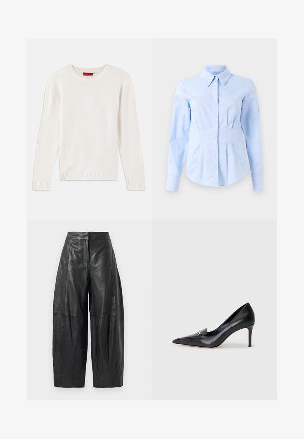Cream-colored long-sleeve knit sweater with crew neck and ribbed cuffs and hem, laid flat on a white background.; Light blue long-sleeve fitted shirt with pointed collar and concealed front buttons, tailored waist, and buttoned cuffs.; Black leather wide-leg trousers with a high waist, featuring subtle seams and a smooth texture. Cropped length to mid-calf.; Black leather pump with a pointed toe, low-cut vamp, and a decorative gold accent. Features a stiletto heel and smooth texture.