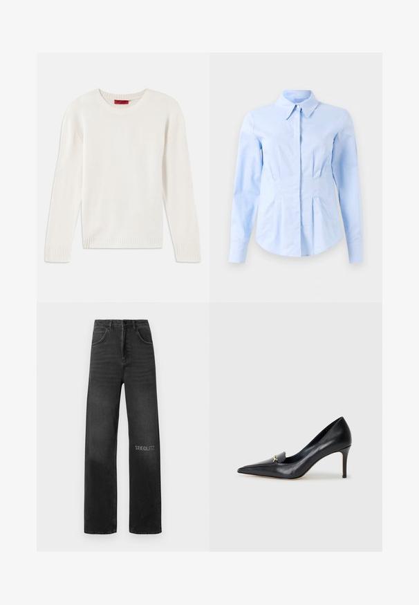 Kremfarget langermet strikkegenser med rund hals og ribbestrikkede mansjetter og fald, liggende flatt på en hvit bakgrunn.; Lyseblå langermet skjorte med tilpasset snitt, spiss krage og skjulte frontknapper, tilpasset midje, og knapper ved mansjettene.; Sorte denimbukser med løs passform, som har høy midje, fem lommer og sømmer foran. "STIEGLITZ" trykket i hvitt på benet.; Svart lærpumps med spiss tå, lav vamp og dekorativ gullaccent. Har stiletthæl og glatt tekstur.