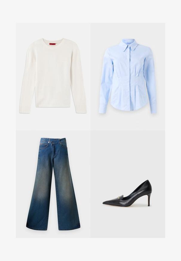 Krem boje duga majica od pletene tkanine s izrezom u obliku okruglog vrata, s rebrastim manžetama i rubom, položena ravno na bijeloj pozadini.; Svijetloplava košulja dugih rukava, uskog kroja, s oštrim kragnom i skrivenim prednjim gumbima, krojena u struku i s gumbima na manžetama.; Kovrčave plave traperice širokih nogavica, izrađene od traper materijala, s blago izblijedjelim završetkom, vidljivim šavovima, dva prednja džepa i zatvaranjem na dugme.; Crne kožne štikle s oštrim vrhom, niskim dekolteom i dekorativnim zlatnim naglaskom. Imaju štiklu i glatku teksturu.