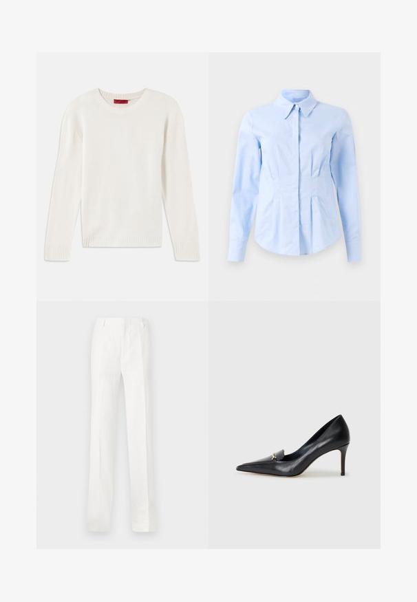 Cremefarvet langærmet strikket sweater med rund hals og ribbede manchetter og kant, lagt fladt på en hvid baggrund.; Lyseblå langærmet fitted skjorte med spidse kraver og skjulte frontknapper, skræddersyet talje og knaplukninger ved håndleddene.; Hvide, lige bukser lavet af et letvægtsstof. Har en flad front, bælteløkker og ingen synlige mønstre eller dekorationer.; Sorte læderpumps med spids tå, lav udskæring og dekorativ guldaccent. Har en stiletthæl og glat tekstur.