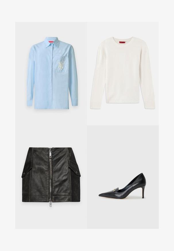 Cream-colored long-sleeve knit sweater with crew neck and ribbed cuffs and hem, laid flat on a white background.; Light blue long-sleeve shirt with a button-up front, classic collar, and left chest pocket featuring an ornate white logo design.; Black leather mini skirt with a front zipper, two side pockets, and a smooth texture. Features reinforced seams and a structured design.; Black leather pump with a pointed toe, low-cut vamp, and a decorative gold accent. Features a stiletto heel and smooth texture.