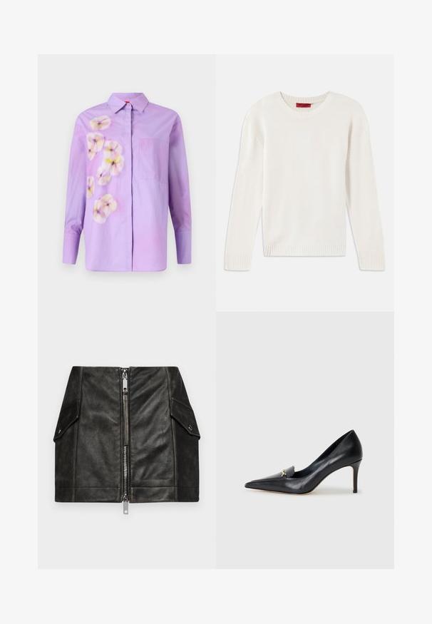 Pull en tricot à manches longues de couleur crème, avec col rond et poignets et ourlet côtelés, posé à plat sur un fond blanc.; Chemise boutonnee violette avec un imprimé floral dans des nuances douces, avec une poche poitrine unique et des manches longues. Tissu en coton lisse.; Mini-jupe en cuir noir avec une fermeture éclair à l'avant, deux poches latérales et une texture lisse. Présente des coutures renforcées et un design structuré.; Escarpin en cuir noir avec un bout pointu, un décolleté bas et un ornement doré décoratif. Doté d'un talon aiguille et d'une texture lisse.