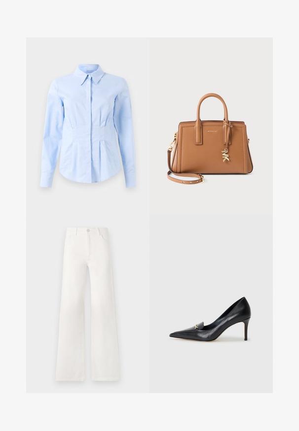 Maglione a maniche lunghe color crema in maglia con collo rotondo e polsini e orlo a costine, steso su uno sfondo bianco.; Camicia fitted a maniche lunghe di colore azzurro chiaro con colletto a punta e bottoni frontali nascosti, vita sagomata e polsini con bottoni.; Jeans bianchi a vita alta e gamba larga realizzati in denim. Presentano una chiusura con bottone, due tasche anteriori e cuciture decorative nei lati.; Décolleté in pelle nera con punta affusolata, scollatura bassa e un accento decorativo dorato. Presenta un tacco a stiletto e una superficie liscia.; Borsa a mano in pelle marrone con doppi manici, tracolla removibile, charm "MK" color oro e logo Michael Kors sulla parte anteriore.
