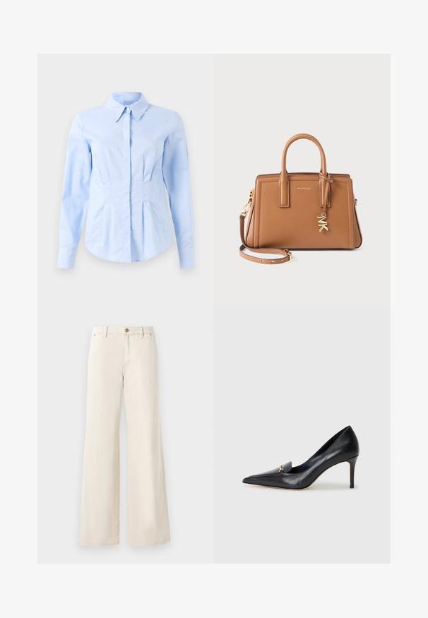 Cream-colored long-sleeve knit sweater with crew neck and ribbed cuffs and hem, laid flat on a white background.; Light blue long-sleeve fitted shirt with pointed collar and concealed front buttons, tailored waist, and buttoned cuffs.; Beige wide-leg pants made of cotton with a smooth texture. Features a button closure, front pockets, and a classic waistband design.; Black leather pump with a pointed toe, low-cut vamp, and a decorative gold accent. Features a stiletto heel and smooth texture.; Brown leather handbag with double handles, detachable strap, gold-tone "MK" charm, and Michael Kors logo on front.