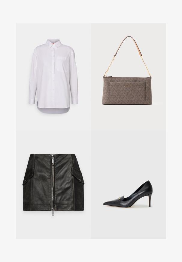 Kremowy sweter z długim rękawem z dzianiny, z okrągłym dekoltem oraz prążkowanymi mankietami i dołem, ułożony na płasko na białym tle.; MAX&Co. BARI biały; Czarna skórzana mini spódnica z zamkiem błyskawicznym z przodu, dwoma kieszeniami po bokach i gładką fakturą. Posiada wzmocnione szwy i usztywnioną konstrukcję.; Czarny skórzany czórek na wysokim obcasie z ostrym noskiem, niskim przodem i dekoracyjnym złotym akcentem. Posiada szpilkowy obcas oraz gładką fakturę.; Brązowa prostokątna torba Michael Kors z powtarzającym się wzorem logo, złotym łańcuchem z skórzanym podkładką na ramię oraz przednią kieszenią z nazwą marki.