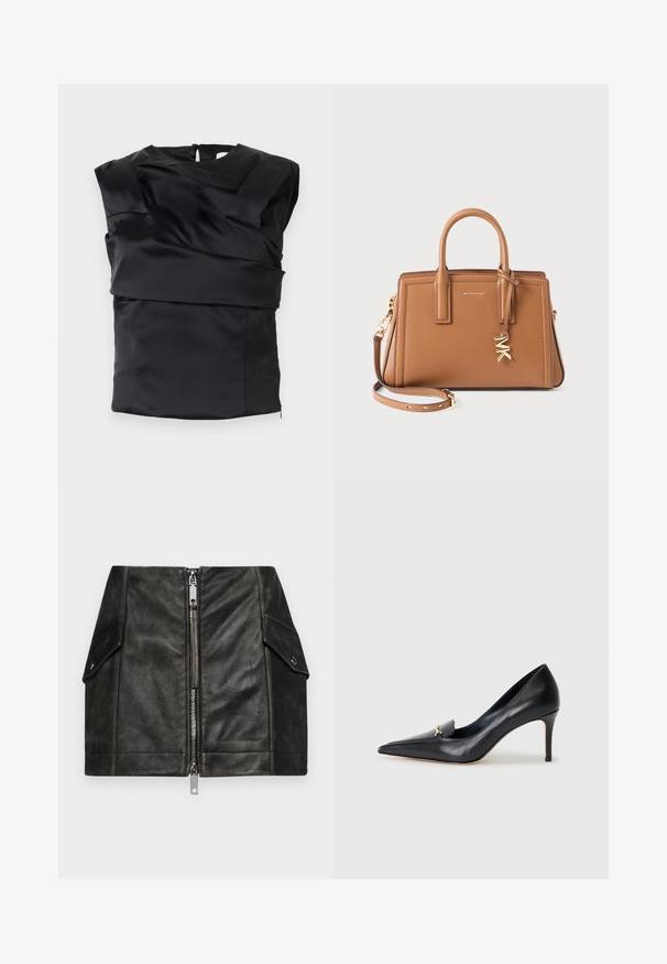 Cremfarbener langärmliger Strickpullover mit Rundhalsausschnitt und gerippten Bündchen und Saum, flach auf einem weißen Hintergrund ausgelegt.; Schwarzes Satin-Top mit strukturiertem Design, breiten Schultern und asymmetrischem Vorderteil, das hinten mit einem Reißverschluss geschlossen wird.; Schwarzer Leder-Minirock mit einem Reißverschluss vorne, zwei seitlichen Taschen und einer glatten Textur. Verfügt über verstärkte Nähte und ein strukturiertes Design.; Schwarzer Lederpumps mit spitzer Zehe, niedrigem Vamp und dekorativem goldenen Akzent. Verfügt über einen Stiletto-Absatz und eine glatte Textur.; Braune Ledertasche mit doppelten Griffen, abnehmbarem Riemen, goldfarbenem "MK" Charm und Michael Kors Logo auf der Vorderseite.