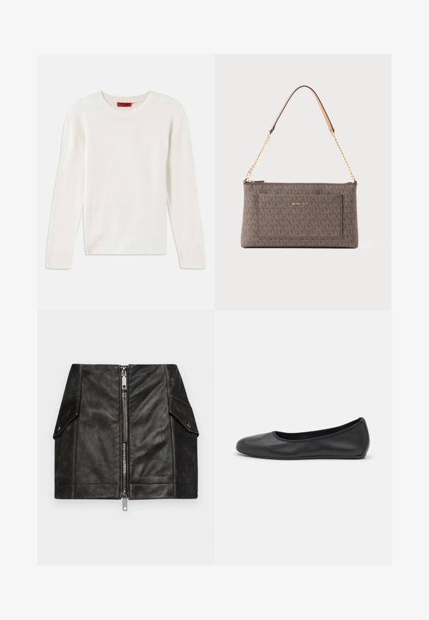 Maglione a maniche lunghe color crema in maglia con collo rotondo e polsini e orlo a costine, steso su uno sfondo bianco.; Gonna mini in pelle nera con zip frontale, due tasche laterali e una texture liscia. Presenta cuciture rinforzate e un design strutturato.; Pantofole da balletto nere in pelle con punta arrotondata, texture liscia, dettagli di cucitura minimi e design con suola flessibile.; Borsa rettangolare marrone di Michael Kors con motivo a logo ripetuto, tracolla in catena dorata con spallina in pelle e tasca frontale con nome del brand.