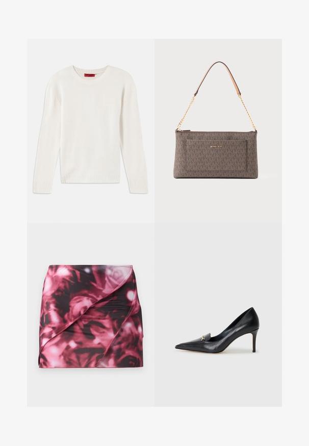 Krémový pletený svetr s dlouhým rukávem, kulatým výstřihem a žebrovanými manžetami a lemem, rozložený na bílém pozadí.; Krátká, přiléhavá sukně s černým a růžovým květinovým vzorem. Vyrobena z hladkého, elastického materiálu s diagonálním zavinovací designem a prošitým lemem.; Černé kožené lodičky s špičatou špičkou, nízkým svrškem a dekorativním zlatým akcentem. Mají jehlový podpatek a hladkou texturu.; Hnědá obdélníková taška Michael Kors s opakujícím se vzorem loga, zlatým řetízkem a koženým polštářkem na rameno, a přední kapsou se jménem značky.