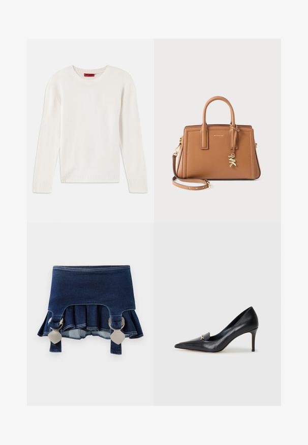 Maglione a maniche lunghe color crema in maglia con collo rotondo e polsini e orlo a costine, steso su uno sfondo bianco.; Gonna di jeans con fondo svasato. Presenta due fibbie grigie regolabili, colore blu scuro e dettagli di cucitura a contrasto lungo l'orlo.; Décolleté in pelle nera con punta affusolata, scollatura bassa e un accento decorativo dorato. Presenta un tacco a stiletto e una superficie liscia.; Borsa a mano in pelle marrone con doppi manici, tracolla removibile, charm "MK" color oro e logo Michael Kors sulla parte anteriore.