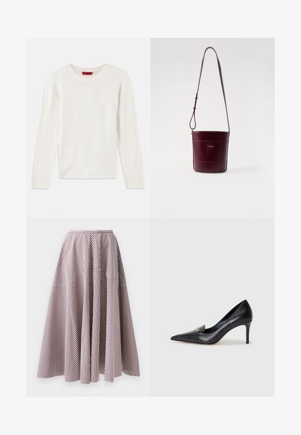 Kremowy sweter z długim rękawem z dzianiny, z okrągłym dekoltem oraz prążkowanymi mankietami i dołem, ułożony na płasko na białym tle.; Spódnica w paski o pionowych białych i burgundowych lini, z rozszerzanym krojem i marszczonym wykończeniem w talii, wykonana z lekkiego materiału.; Czarny skórzany czórek na wysokim obcasie z ostrym noskiem, niskim przodem i dekoracyjnym złotym akcentem. Posiada szpilkowy obcas oraz gładką fakturę.; Claudie Pierlot - Torba na ramię
