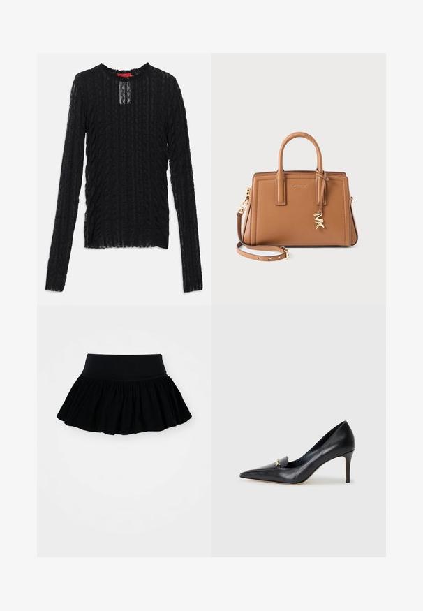 Maglione a maniche lunghe color crema in maglia con collo rotondo e polsini e orlo a costine, steso su uno sfondo bianco.; Top nero a maniche lunghe in pizzo testurizzato, con scollatura rotonda, a discreto taglio rettangolare e un motivo a coste su tutta la superficie.; Camicia fitted a maniche lunghe di colore azzurro chiaro con colletto a punta e bottoni frontali nascosti, vita sagomata e polsini con bottoni.; Gonna nera a campana con tessuto arricciato e testurizzato e una vita ampia. Design semplice, senza motivi o accessori.; Décolleté in pelle nera con punta affusolata, scollatura bassa e un accento decorativo dorato. Presenta un tacco a stiletto e una superficie liscia.; Borsa a mano in pelle marrone con doppi manici, tracolla removibile, charm "MK" color oro e logo Michael Kors sulla parte anteriore.