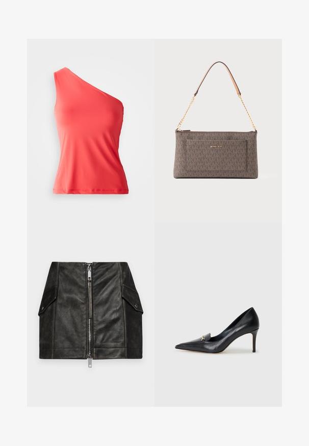 Kremna dolgoročna pletena jopica z okroglo ovratnikom ter rebrastimi manšetami in robom, razporejena na beli podlagi.; Asimetrična koralna majica brez rokavov, izdelana iz gladkega, raztegljivega materiala, z enim naramnicom in prilegajočo silhueto.; Črna usnjena mini krilo s sprednjim zadrgo, dvema stranskima žepoma in gladko teksturo. Ima ojačane šive in strukturirano zasnovo.; Črne usnjene pumpe s špicastim nosom, nizkim vampom in dekorativnim zlatim akcentom. Imajo stiletto peto in gladko teksturo.; Rjava pravokotna torba Michael Kors z ponavljajočim se vzorcem logotipa, zlatim verižastim trakom z usnjeno podlogo za ramo in sprednjim žepom z imenom blagovne znamke.