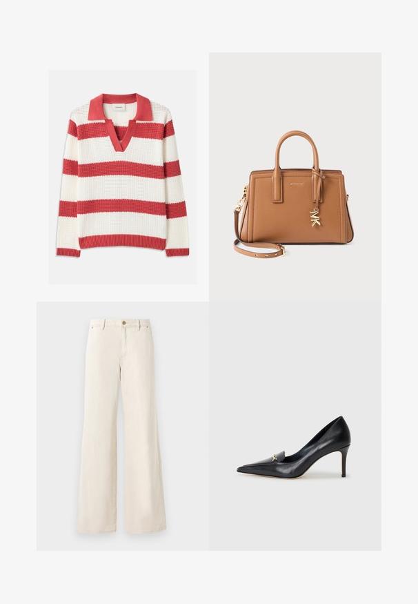 Suéter de punto de manga larga color crema con cuello redondo y puños y dobladillo acanalados, dispuesto plano sobre un fondo blanco.; Suéter de punto a rayas rojas y blancas con escote en V y cuello. Tejido texturizado, con amplias rayas horizontales y ribetes acanalados.; Camisa ajustada de manga larga en azul claro, con cuello puntiagudo y botones frontales ocultos, cintura entallada y puños abotonados.; Pantalones de corte ancho beige hechos de algodón con una textura suave. Cuentan con un cierre de botón, bolsillos frontales y un diseño de cinturilla clásico.; Zapato de piel negra con punta afilada, escote bajo y un detalle decorativo dorado. Cuenta con un tacón de aguja y textura suave.; Bolso de cuero marrón con asas dobles, correa desmontable, charm en tono dorado con "MK" y el logo de Michael Kors en la parte frontal.