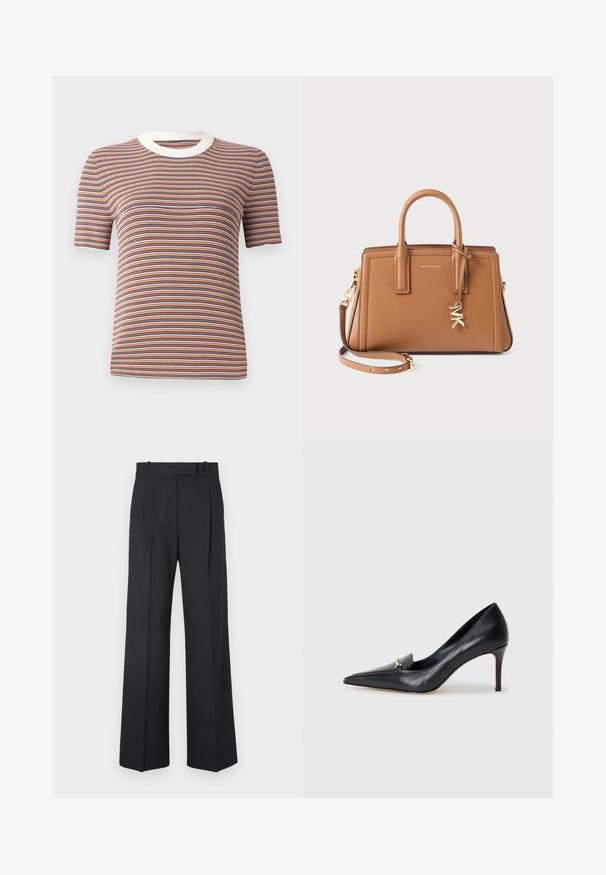 Cremfarbener langärmliger Strickpullover mit Rundhalsausschnitt und gerippten Bündchen und Saum, flach auf einem weißen Hintergrund ausgelegt.; Gestreiftes, kurzärmliges T-Shirt in Orange, Blau und Weiß. Verfügt über eine gerippte Textur und einen runden, weißen Ausschnitt.; Hellblaues, langärmliges, tailliertes Hemd mit spitzem Kragen und verdeckten Knöpfen an der Vorderseite, taillierter Schnitt und mit Knöpfen an den Manschetten.; Dunkelblaue Nadelstreifenhosen mit hoher Taille, weit geschnittenem Bein und ohne sichtbare Beschläge oder Verzierungen. Glatte Textur und taillierte Passform.; Schwarzer Lederpumps mit spitzer Zehe, niedrigem Vamp und dekorativem goldenen Akzent. Verfügt über einen Stiletto-Absatz und eine glatte Textur.; Braune Ledertasche mit doppelten Griffen, abnehmbarem Riemen, goldfarbenem "MK" Charm und Michael Kors Logo auf der Vorderseite.
