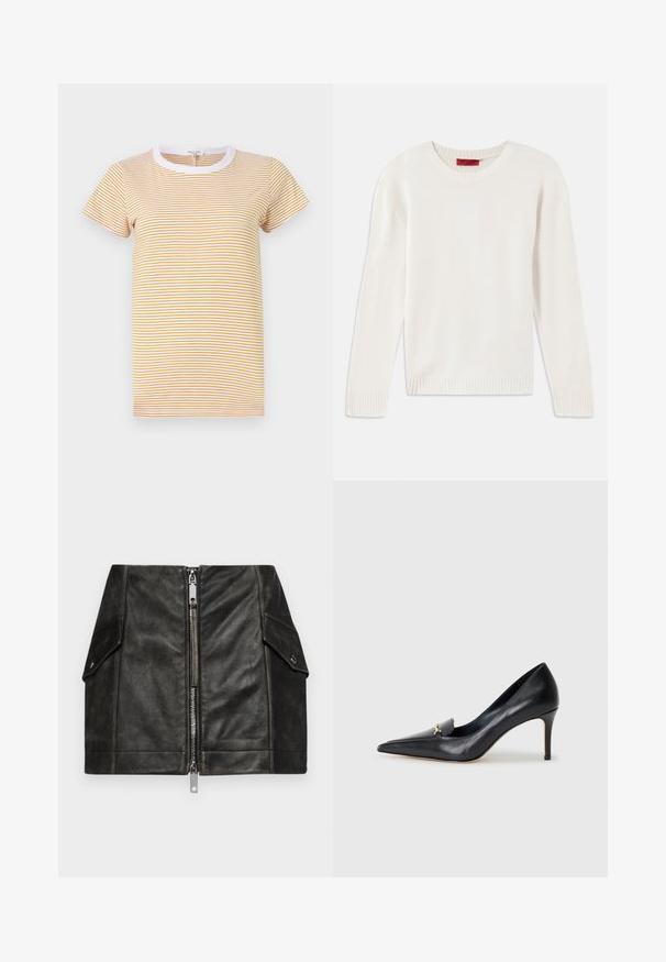 Pull en tricot à manches longues de couleur crème, avec col rond et poignets et ourlet côtelés, posé à plat sur un fond blanc.; rag & bone THE SLUB STRIPE TEE - T-shirt imprimé - yellowmult; Mini-jupe en cuir noir avec une fermeture éclair à l'avant, deux poches latérales et une texture lisse. Présente des coutures renforcées et un design structuré.; Escarpin en cuir noir avec un bout pointu, un décolleté bas et un ornement doré décoratif. Doté d'un talon aiguille et d'une texture lisse.